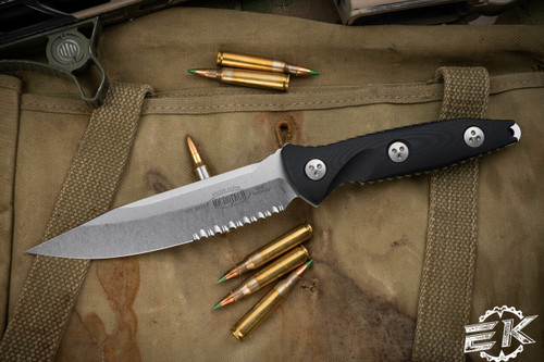 Microtech Socom Alpha Fixed Blade Knife Black G10 5" Drop Point Stonewash Serrated 113-11