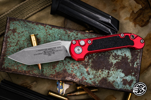 2024 Microtech LUDT Automatic Folding Knife Red/Grip Tape Inlay 3.4" Tanto Apocalyptic Stonewash 1136-10APRD