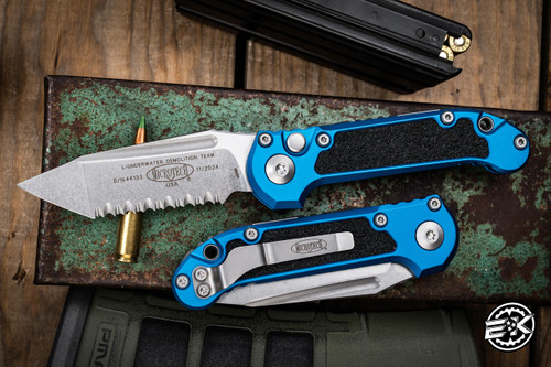 Microtech LUDT Gen lll Automatic Folding Knife Blue 3.4" Tanto Stonewash Full Serrated 1136-12BL