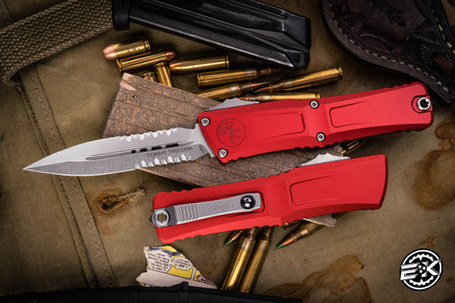 Microtech Combat Troodon Gen III OTF Automatic Knife Red 4" M390 Dagger Stonewash Serrated 1142-11RD