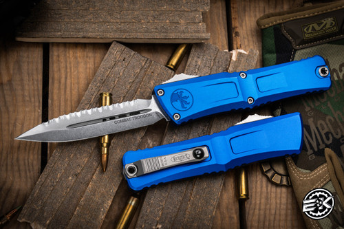 Microtech Combat Troodon Gen III OTF Automatic Knife Blue 4" Dagger Stonewash Serrated 1142-12BL