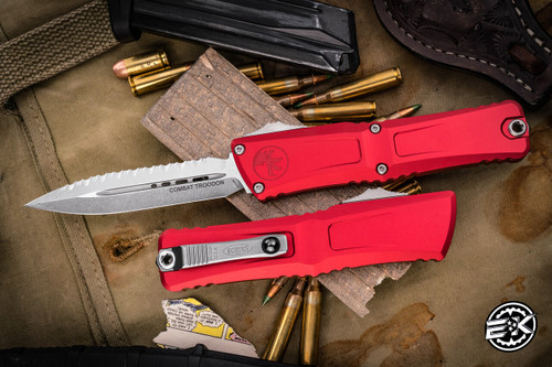  Microtech Combat Troodon Gen III OTF Automatic Knife Red 4" Dagger Stonewash Serrated 1142-12RD 