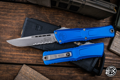 Microtech Combat Troodon Gen III OTF Automatic Knife Blue 4" M390 Drop Point Apocalyptic Stonewash Serrated 1143-11APBL