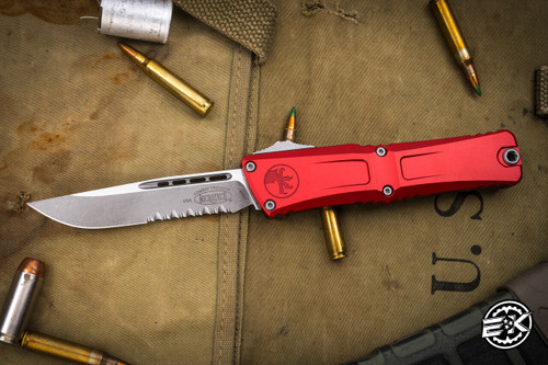 Microtech Combat Troodon Gen III OTF Automatic Knife Red 4" Drop Point Apocalyptic Stonewash Serrated 1143-11APRD