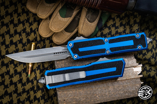 Microtech Scarab II Gen III OTF Automatic Knife Blue 4" DE-S Double Edge-Drop Point Apocalyptic Stonewash 1180-10APBL