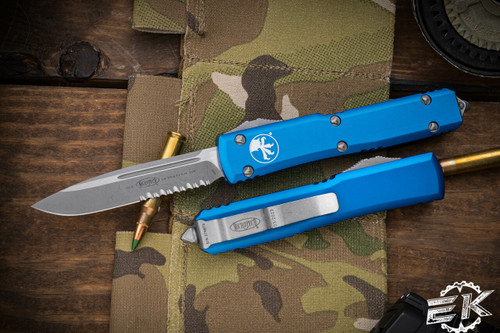 Microtech Ultratech OTF Automatic Knife Blue 3.4" Drop Point Serrated Apocalyptic 121-11APBL