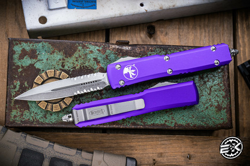 Microtech Ultratech OTF Automatic Knife Purple 3.4" Dagger Stonewash Serrated 122-11PU