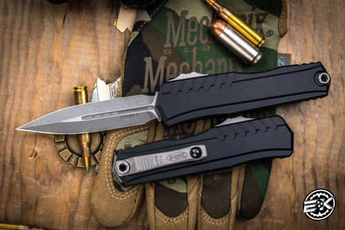 Microtech Cypher II OTF Automatic Knife Black Aluminum 3.5" Dagger Apocalyptic Stonewash 1242-10AP