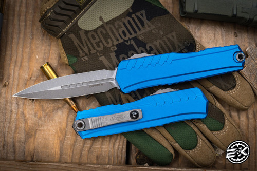 Microtech Cypher II OTF Automatic Knife Blue Aluminum 3.5" Dagger Apocalyptic Stonewash 1242-10APBL