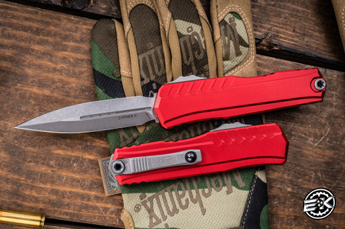 Microtech Cypher II OTF Automatic Knife Red Aluminum 3.5" Dagger Apocalyptic Stonewash 1242-10APRD