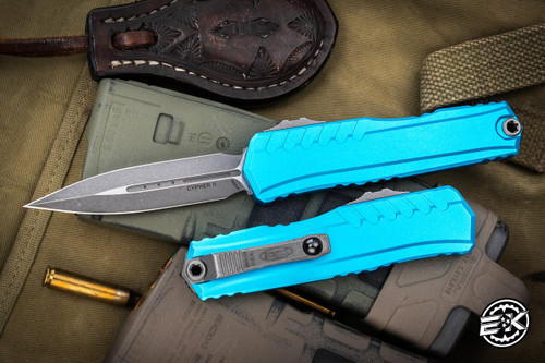  Microtech Cypher II OTF Automatic Knife Turquoise Aluminum 3.5" Dagger Apocalyptic Stonewash 1242-10APTQ