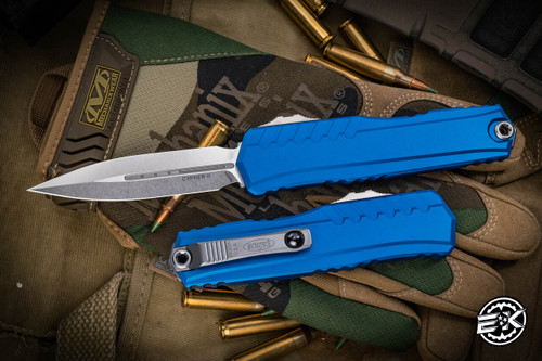 Microtech Cypher II OTF Automatic Knife Blue Aluminum 3.5" Dagger Stonewash 1242-10BL