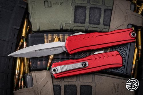 Microtech Cypher II OTF Automatic Knife Red Aluminum 3.5" Dagger Stonewash 1242-10RD