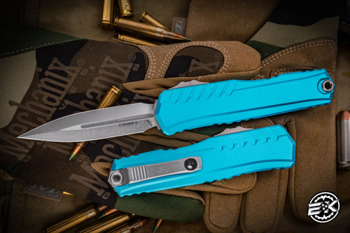 Microtech Cypher II OTF Automatic Knife Turquoise Aluminum 3.5" Dagger Stonewash 1242-10TQ