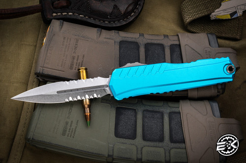  Microtech Cypher II OTF Automatic Knife Turquoise Aluminum 3.5" Dagger Stonewash Serrated 1242-11TQ