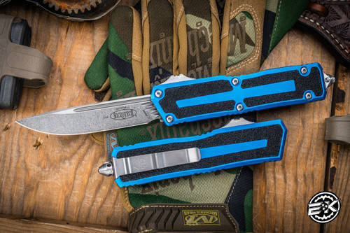 Microtech Scarab II Gen III OTF Automatic Knife Blue Aluminum 4" Drop Point Stonewash Serrated 1278-10BL