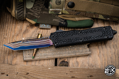 Microtech Scarab II Gen III OTF Automatic Knife Black 4" Blued Baker Forge Copper Mai Damascus DLC 1279-16MS1