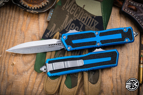 Microtech Scarab II Gen III OTF Automatic Knife Blue Aluminum 4" Dagger Stonewash 1280-10BL