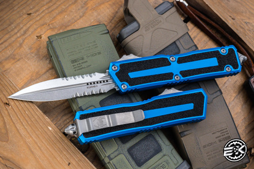 Microtech Scarab II Gen III OTF Automatic Knife Blue Aluminum 4" Dagger Stonewash Serrated 1280-11BL