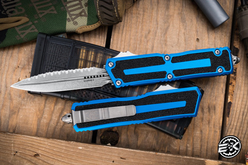 Microtech Scarab II Gen III OTF Automatic Knife Blue Aluminum 4" M390 Dagger Stonewash Full Serrated 1280-12BL