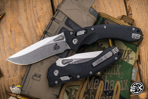 30th Anniversary Microtech Amphibian Ram-LOK Folding Knife Fluted Black G10 3.9" Stonewash 137RL-10FLGTBK30