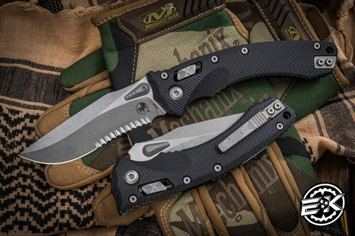 Microtech Amphibian Ram-LOK Folding Knife Fluted Black G10 3.9" Apocalyptic Stonewash Serrated 137RL-11APFLGTBK