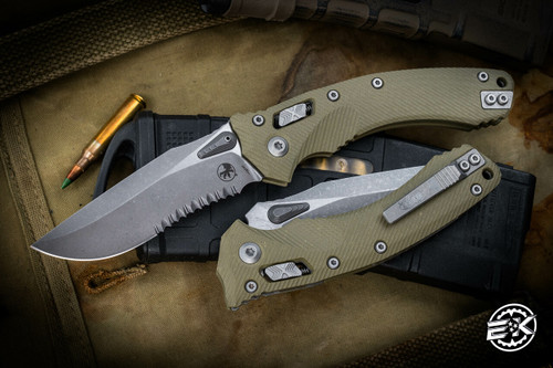 Microtech Amphibian Ram-LOK Folding Knife Fluted OD Green G10 3.9" Apocalyptic Stonewash Serrated 137RL-11APFLGTOD