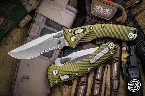 Microtech Amphibian Ram-LOK Folding Knife Fluted OD Green Aluminum 3.9" Stonewash Serrated 137RL-11FLOD