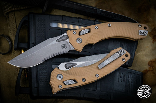 Microtech Amphibian Ram-LOK Folding Knife Fluted Tan G10 3.9" Apocalyptic Stonewash Serrated 137RL-11APFLGTTA