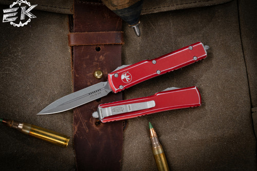 Microtech UTX-70 Red Distressed OTF Automatic Knife D/E 2.4" Dagger Stonewash 147-10-DRD