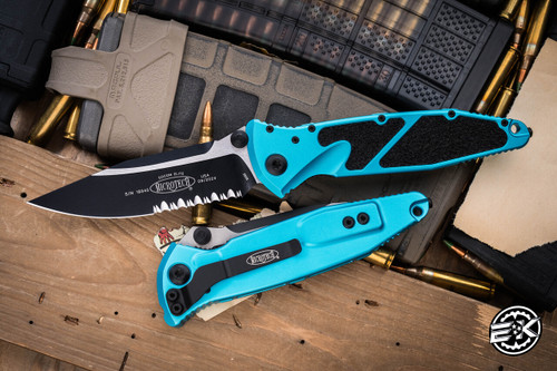 Microtech Socom Elite Manual Folding Knife Turquoise Aluminum 4" Clip Point Black Serrated 160-2TQ