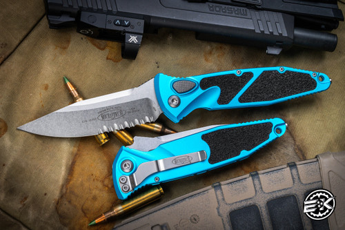 Microtech Socom Elite Automatic Folding Knife Turquoise 4" Clip Point Stonewash Serrated 160A-11TQ 