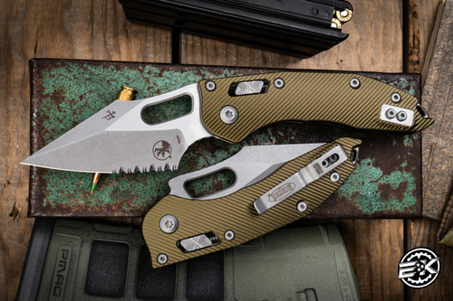 Microtech Stitch Ram-Lok Manual Folder OD Green Fluted Aluminum 3.75" Apocalyptic Stonewash Serrated 169RL-11APFLOD