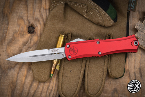 30th Anniversary-Microtech Hera II Mini OTF Automatic Knife Red 3" Bayonet Stonewash 1701M-10RD30