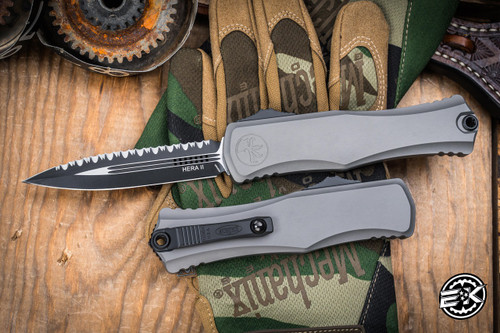 Microtech Hera II OTF Automatic Knife Natural Clear Aluminum 3.85" M390MK Dagger Serrated 1702-3NC