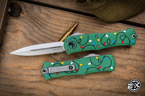 Microtech Hera II Mini OTF Automatic Knife Christmas Green Aluminum 3" Dagger Stonewash 1702M-10GRCMAS