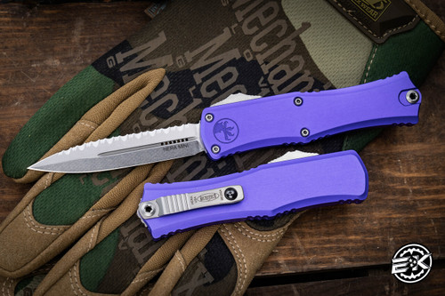 Microtech Hera II Mini OTF Automatic Knife Purple 3" Dagger Stonewash Serrated 1702M-12PU