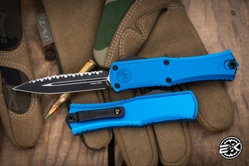 Microtech Hera II Mini OTF Automatic Knife Blue 3" M390 Dagger Full Serrated Black 1702M-3BL