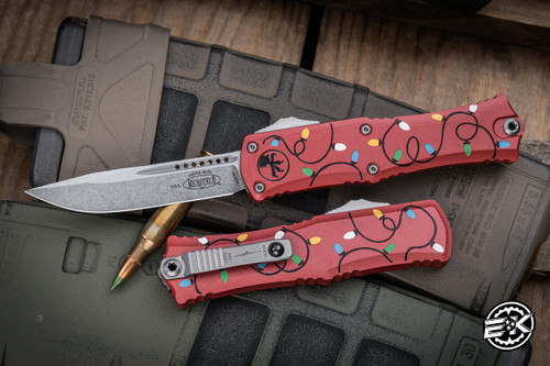 Microtech Hera II Mini OTF Automatic Knife Christmas Red Aluminum 3" Drop Point Stonewash Serrated 1703M-10RDCMAS