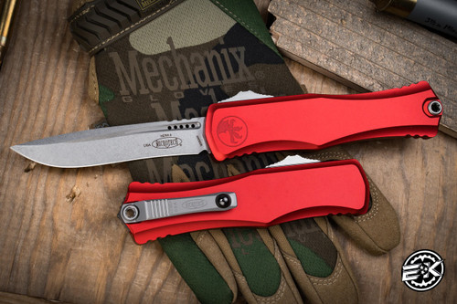 Microtech Hera II OTF Automatic Knife Red 3.85" M390 Recurve Stonewash 1705-10RD