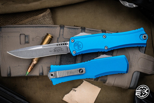 Microtech Hera II Mini OTF Automatic Knife Blue 4" Recurve Apocalyptic Stonewash 1705M-10APBL