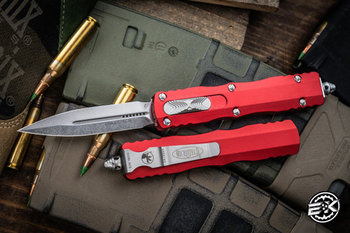 Microtech Dirac OTF Automatic Knife Red 3" M390 Dagger Stonewash 225-10RD