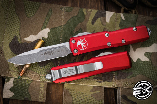 Microtech UTX-85 OTF Automatic Knife Red 3.1" Drop Point Stonewash 231-10RD