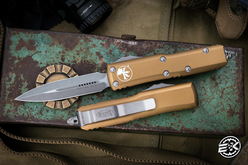 Microtech UTX-85 OTF Automatic Knife Tan 3" Apocalyptic Stonewash 232-10APTA 