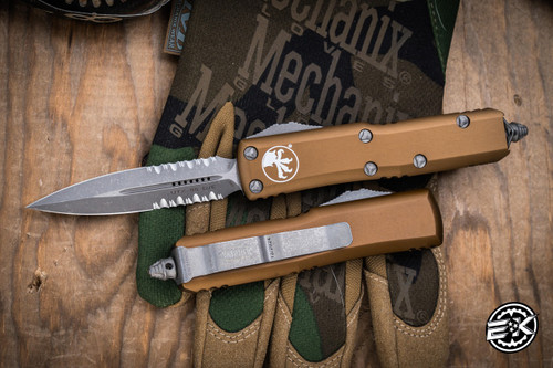 Microtech UTX-85 OTF Automatic Knife Tan 3" Dagger Apocalyptic Stonewash Serrated 232-11APTA