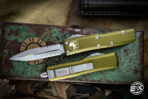 Microtech UTX-85 OTF Automatic Knife Green 3" Stonewash Serrated 232-11OD