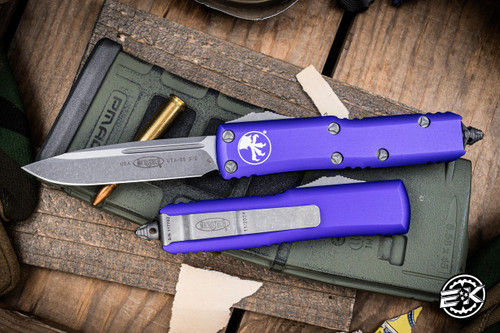 Microtech UTX-85 OTF Automatic Knife Purple Aluminum 3" Apocalyptic Stonewash 231-10APPU