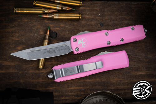 Microtech UTX-85 OTF Automatic Knife Blasted Pink 3" Tanto Stonewash 233-10BPK