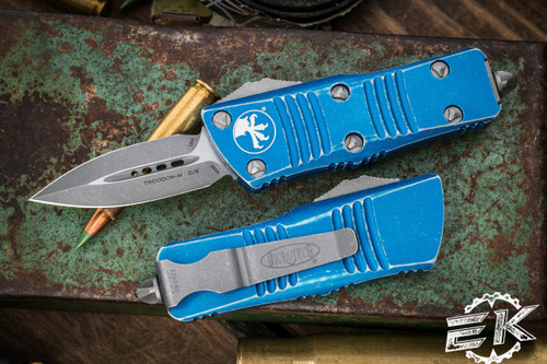 Microtech Troodon Mini OTF Automatic Knife Distressed Blue 1.9" Dagger Stonewash (Cali Legal) 238-10DBL