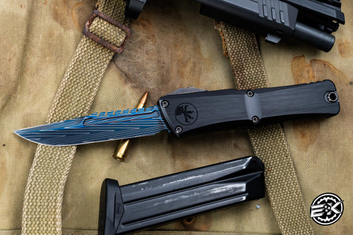 Preowned-Microtech Combat Troodon Gen III OTF Hefted Black Aluminum 4" Interceptor Blued Vegas Forge Damascus 1217-16MS3